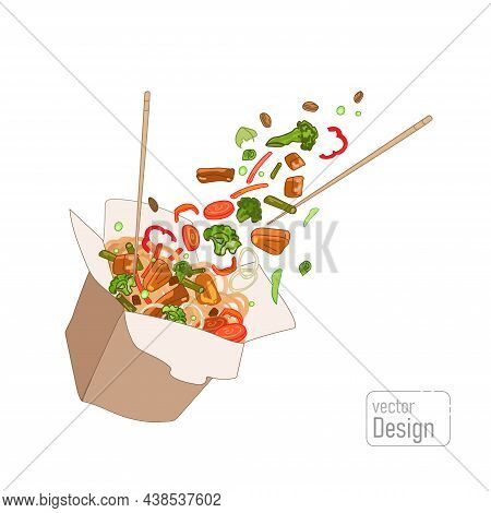 Chinese Food In A Cardboard Box Takeaway, Noodles With Fried Meat And Vegetables,
