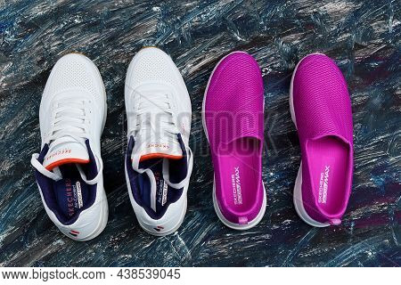 Tyumen, Russia-october 14, 2021: Sketchers Shoes White Skechers Is An American Based Footwear Compan