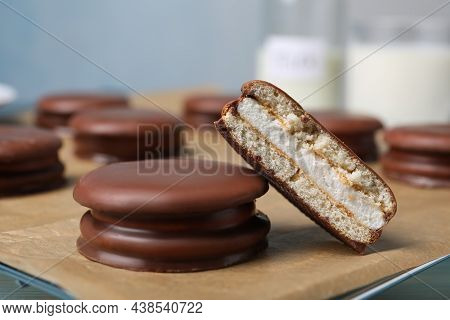 Tasty Choco Pies On Parchment Paper, Closeup View