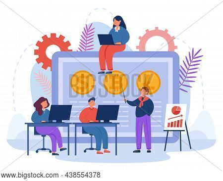 Financial Literacy Education Flat Vector Illustration. Young People Learning How To Trade Cryptocurr