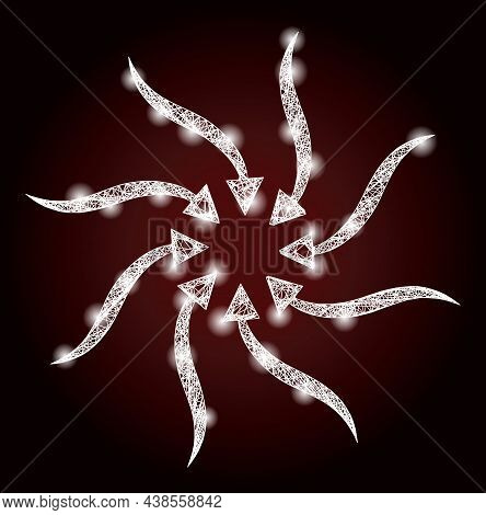 Illuminated Crossing Mesh Anticyclone Rotation Arrows With Light Spots On A Dark Red Gradiented Back