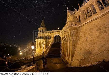 Budapest, Hungary - December 18, 2018: The Famous Fisherman Bastion On Winter Night. It Was Designed