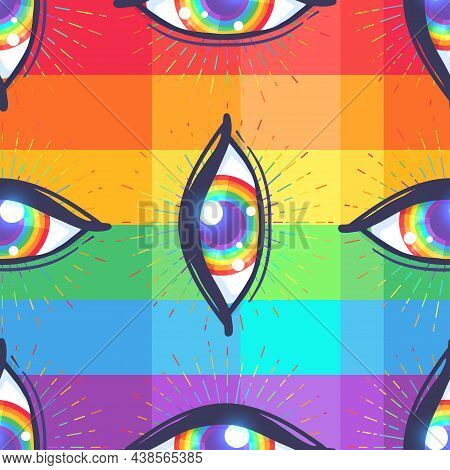 Seamless Pattern With Rainbow Colored Eyes. Flag Of Lgbt Community Inside Eyeball. Vector Illustrati