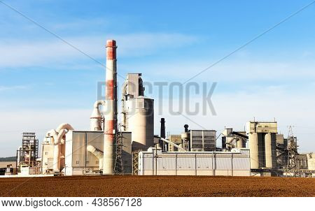 Cement Plant With Pipes. Ement Production Process And Industrial Solution. Factory With Smoke Pipe.