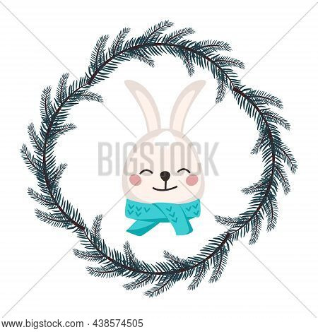 Cute White Rabbit Or Hare In Scarf In Childish Style With Frame From Festive Christmas Wreath. Funny