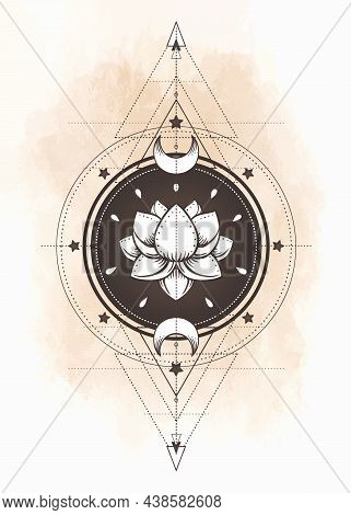 Lotus And Sacred Geometry. Ayurveda Symbol Of Harmony And Balance, And Universe. Tattoo Flesh Design