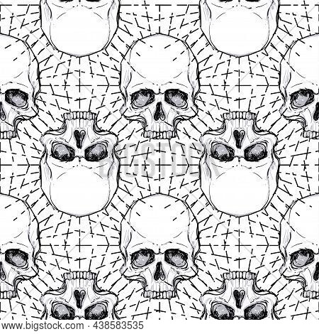 Seamless Pattern With Skulls And Rays. Vector Illustration. Reapiting Background.