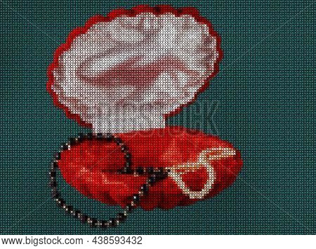 Illustration. Cross-stitch. Jewelry Storage Box Trimmed With Red Velvet And Satin Fabric. Casket For
