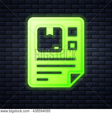 Glowing Neon Waybill Icon Isolated On Brick Wall Background. Vector