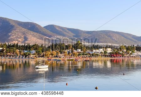 Bitez, Bodrum, Turkey - October 7, 2021. A Beautiful Seaside With A Sandy Beach On The Aegean Sea