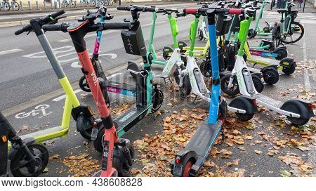 Bordeaux , Aquitaine France - 11 02 2021 : Electric Scooters With Brand Sign Lime Dott Voi Jawls Tie