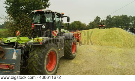 Hamburg, Germany - October 04, 2021: Claas 4000 Xerion Tractor During The Maize Harvest