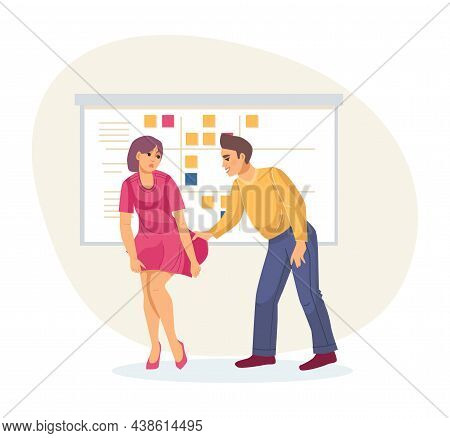 Situations Of Sexual Harassment - Employee In Office Grabs Female Colleague By Skirt. Violence And C