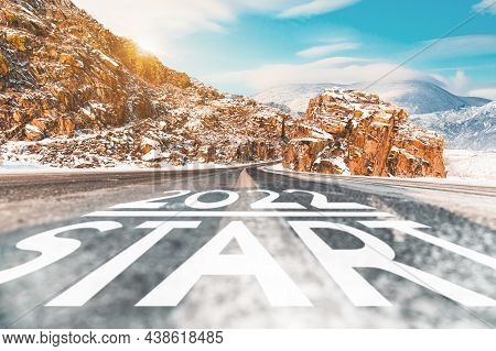 2022 Start, Concept Of Road To New Life. Motivational Inscription On The Road Going Forward. Beginni
