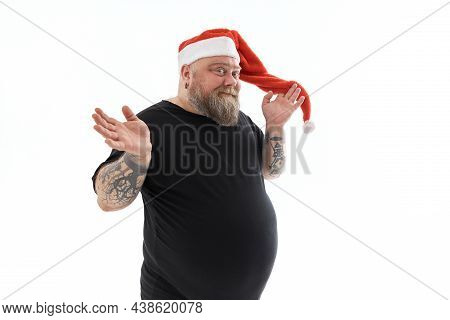 Funny Fat Beaded Man Smiling And Wearing Chrismtas Hat