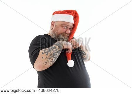 Funny Fat Beaded Man Smiling And Wearing Chrismtas Hat