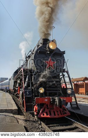 Sortavala,russia - May 13, 2021: Departure Of The Retro Train Ruskeala Express From Sortavala Statio