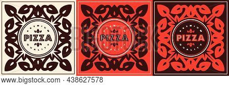 Stock Vector Set Of Pizza Cover For Boxes. Floral Ornament And Color Variation