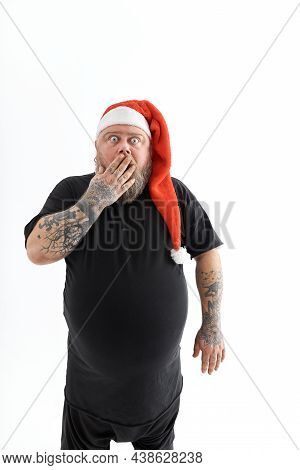Funny Fat Beaded Man Smiling And Wearing Chrismtas Hat