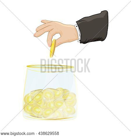 Businessman Hand Putting Golden Coin Into Glass Bank Isolated On White Background. Saving Coins In J