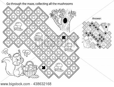 Maze Or Labyrinth Game. Puzzle. Coloring Page Outline Of Cartoon Squirrel With Basket Of Mushrooms. 