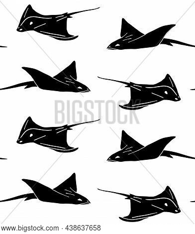 Vector Seamless Pattern Of Hand Drawn Doodle Sketch Black Skate Fish Devil Fish Isolated On White Ba