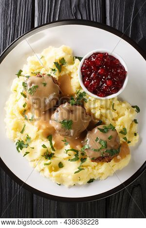 Lihapullat Traditional Finnish Meatballs With Mashed Potatoes And Lingonberry Jam Close-up In A Plat