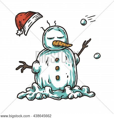 Winter Snowman For Print Design. Winter Ice Design Set With Iceman, Snowball And Winter Hat For Merr