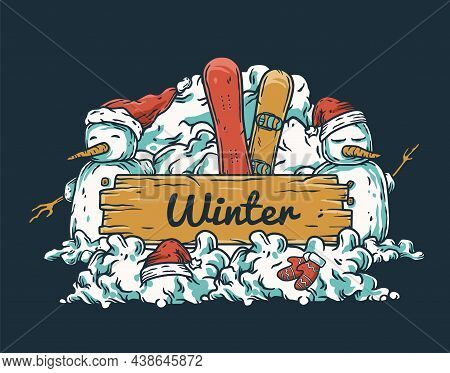 Winter Snowmans And Snowdrift For Design Background. Snow Ice Design With Iceman, Wooden Plaque And 