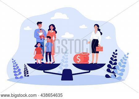 Family With Kids And Businesswoman Standing On Scales. Choice Between Maternity And Career For Woman