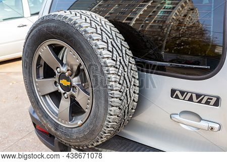 Samara, Russia - October 12, 2021: Spare Wheel On An Chevrolet Niva Off-road Vehicle