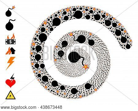Bomb Ignition Icon Spiral Composition. Bomb Ignition Symbols Are Arranged Into Curl Design Concept. 