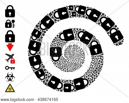 Lock Icon Spiral Collage. Lock Icons Are Formed Into Twist Mosaic Structure. Element Twirl Combined 