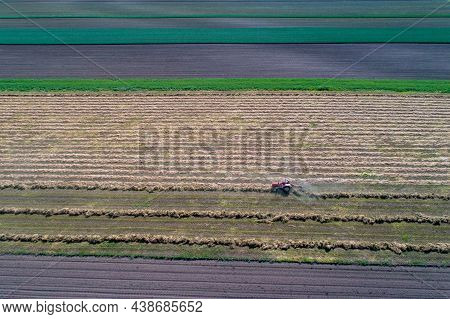 Top View Of Tractor With Hay Tedders Collecting Dry Lucerne For Balling In Field, Shoot From Drone
