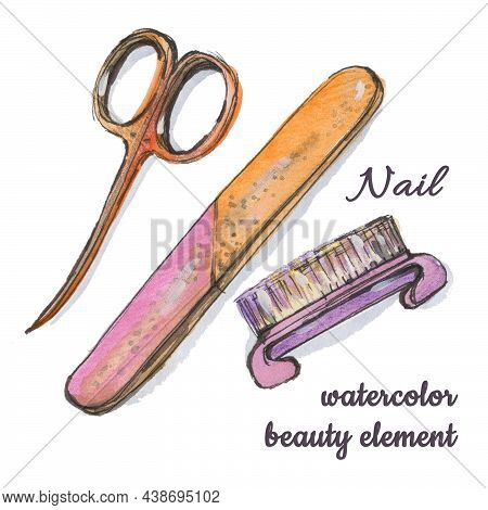 Nail Polish Scissors, File And Brush Watercolor Drawing On White Background. Watercolour Gradient Or