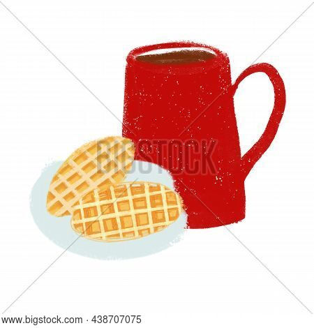Breakfast Red Cup And Waffles Illustration Isolated On White Background
