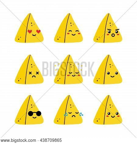 Set, Collection, Pack Of Samosa Emoji, Vector Cartoon Style Icons Of Samosa, Indian Baked Savory Pas