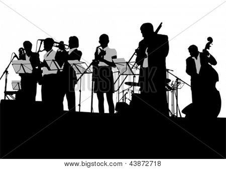 Vector dibujo a músicos de jazz en el escenario