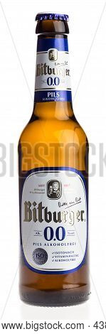 Groningen, Netherlands - October 31, 2021: Bottle Of German Non-alcoholic Bitburger Lager Beer Isola