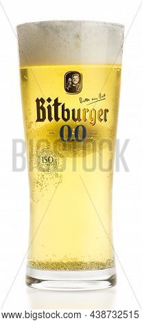 Groningen, Netherlands - October 31, 2021: Glass Of German Non-alcoholic Bitburger Lemon Beer Isolat