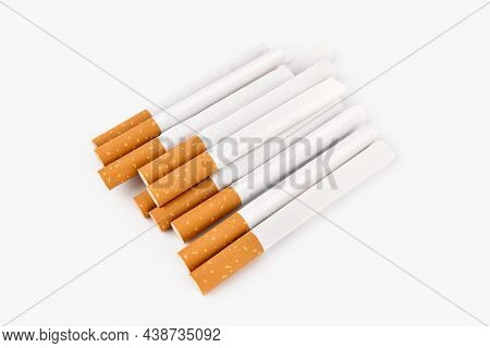 Set Сigarette Close Up Isolated On White Background. Smoking. Bad Habits. Smoking Leads To Lung Canc