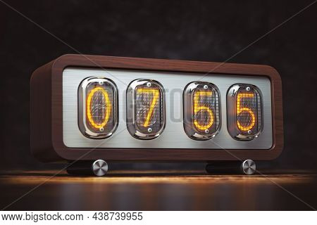 Vintage nixie alarm clock with 8 am. 3d illustration