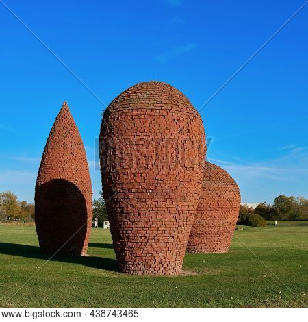 Piled Up Bricks From The Ruins Of The Second World War In The Elbauenpark In Magdeburg. Today's Elba