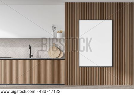 Frame Mockup On Wood Wall Near Minimalist White Kitchen With Open Shelf And Parquet Style Splashback