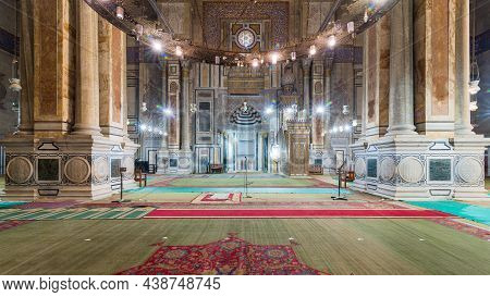 Cairo, Egypt- October 9 2021: Interior Of Public Historical Al Rifaii Mosque, Aka Royal Mosque, With