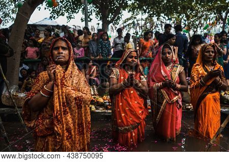 Hindu Woman Worship At A Artificial Tank During Chhath Puja Festival On November 21,2020 In Calcutta