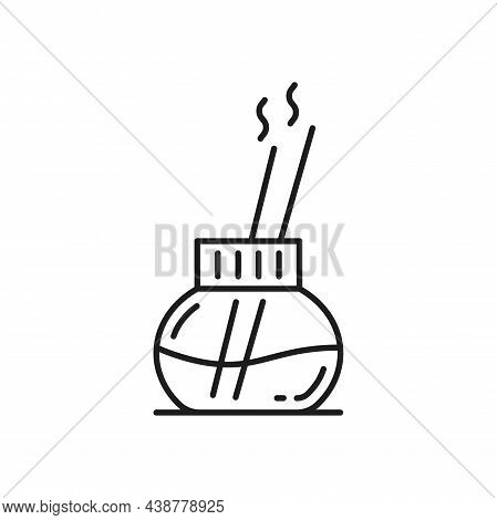 Burning Stick In Bottle Isolated Outline Icon. Vector Incense Aroma Joss Sticks In Clay Vase, Aromat