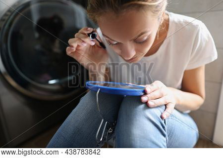 Close-up Of Woman Getting Ready For Work, Applying Mascara Using Small Mirror. Female In Rush, Doing