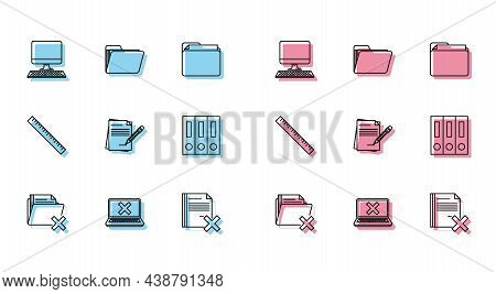 Set Line Delete Folder, Laptop And Cross Mark On Screen, Computer Monitor With Keyboard, File Docume