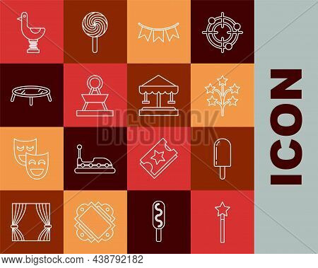 Set Line Magic Wand, Ice Cream, Fireworks, Carnival Garland With Flags, Attraction Carousel, Jumping